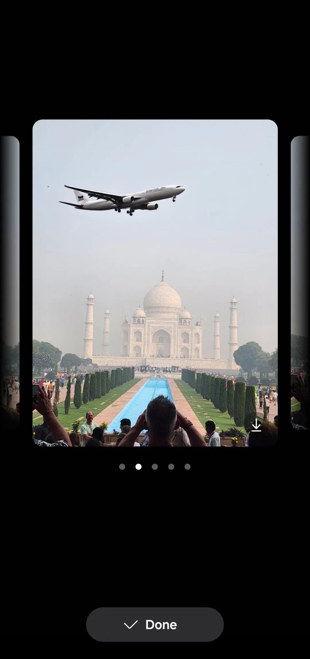 Ví dụ tính năng Sketch to Image của Galaxy AI, biến phác thảo thành hình ảnh máy bay bay trên đền Taj Mahal.