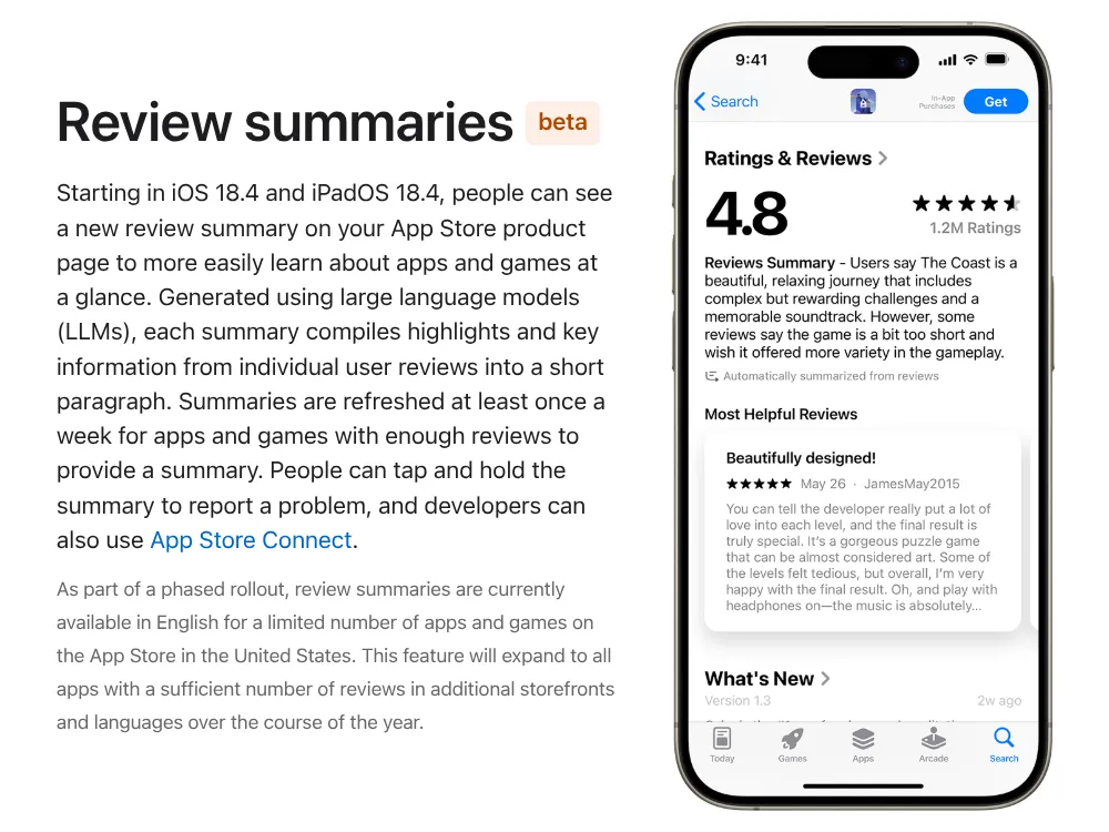 Ví dụ về bản tóm tắt đánh giá ứng dụng tự động bằng AI trên cửa hàng App Store của Apple