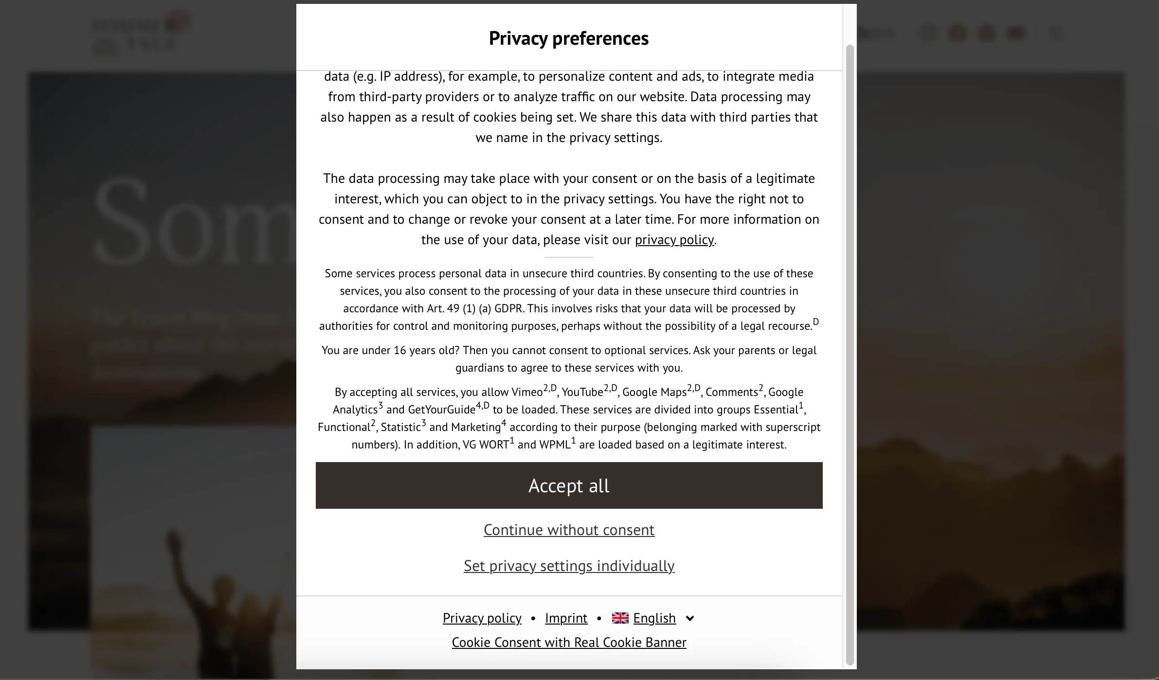 Ví dụ về banner yêu cầu chấp nhận cookie trên một trang web