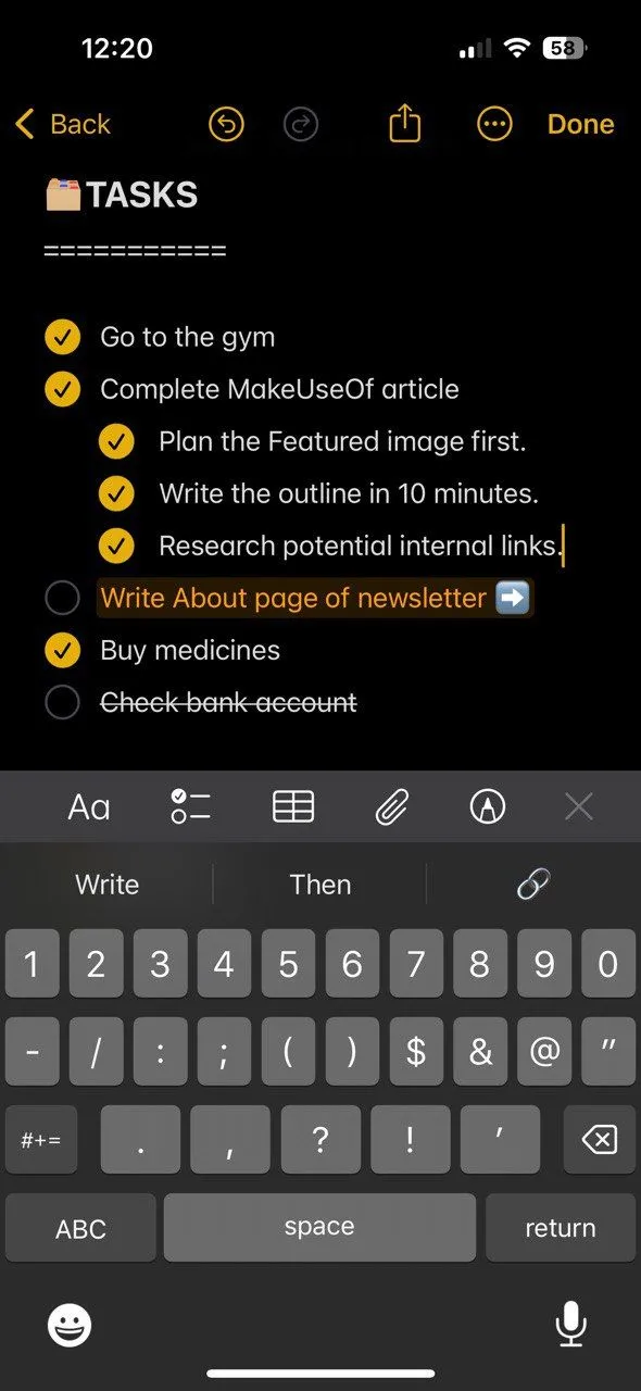 Ví dụ về bố cục một trang nhật ký Bullet Journal hàng ngày trên Apple Notes, bao gồm các nhiệm vụ, sự kiện, ghi chú và mục tiêu Daily Highlight.