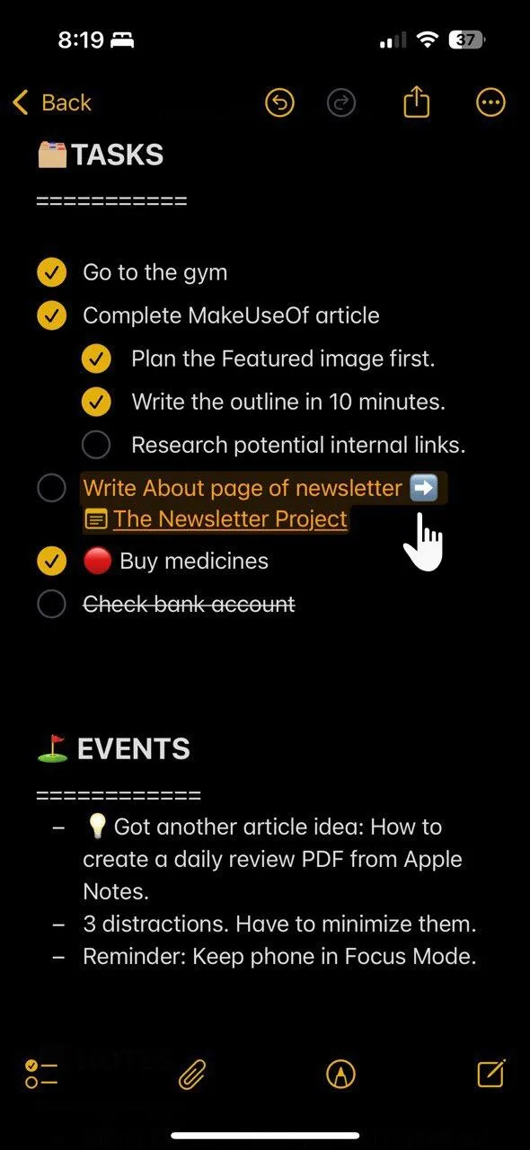 Ví dụ về cách thực hiện &quot;intentional migration&quot; trong Bullet Journal, sử dụng ký hiệu mũi tên để di chuyển các nhiệm vụ chưa hoàn thành sang ngày tiếp theo.
