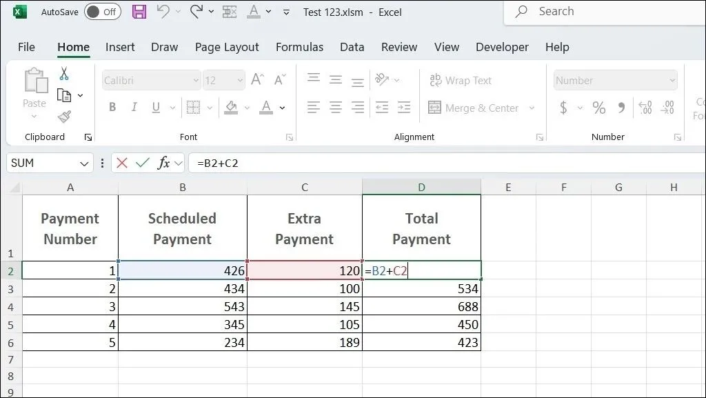 Ví dụ về công thức cộng đơn giản trong bảng tính Excel, minh họa cách nhập công thức vào ô.