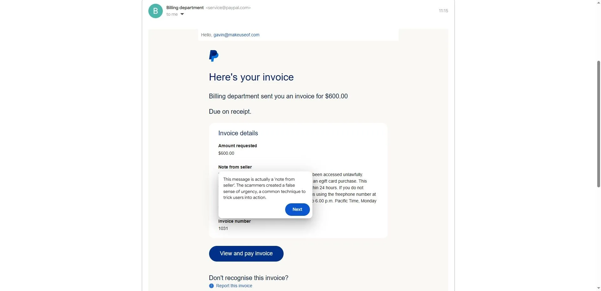 Ví dụ về email lừa đảo PayPal hiển thị trong Google Phishing Quiz