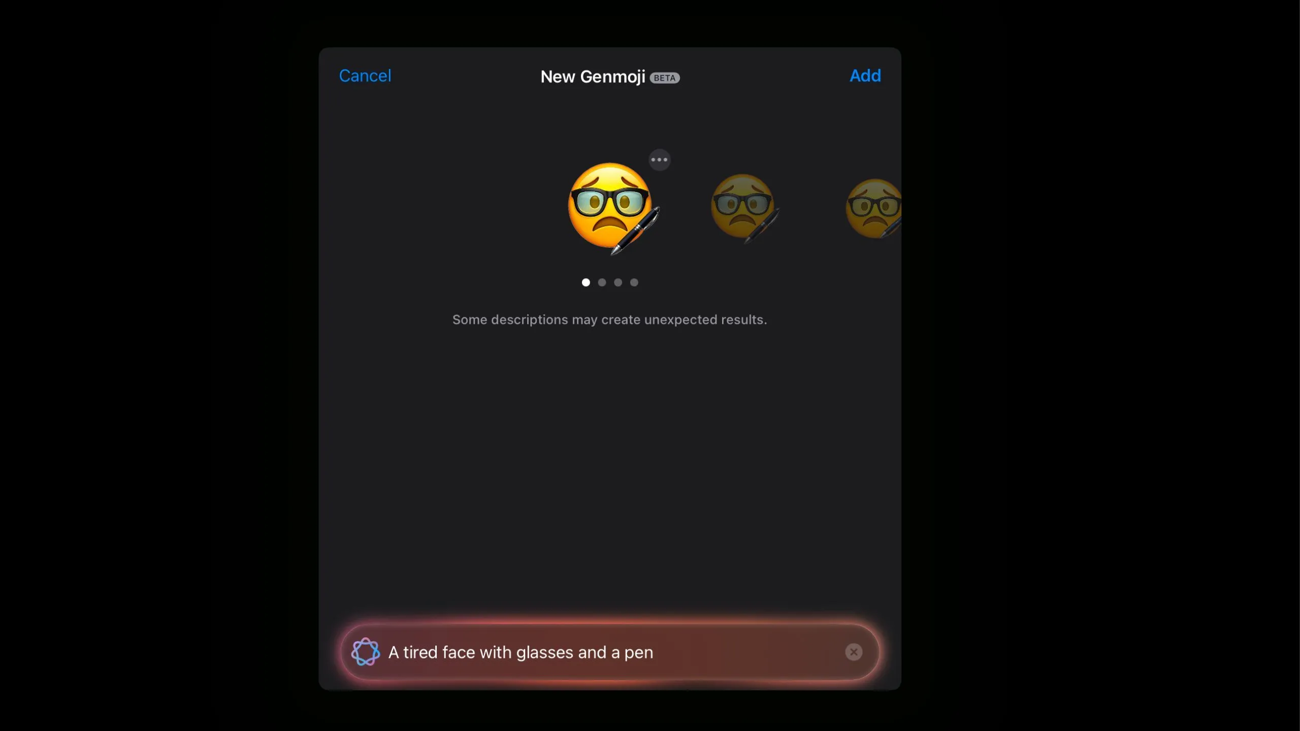 Ví dụ về Genmoji tạo biểu tượng cảm xúc mặt mệt mỏi có kính và bút, không giống emoji gốc