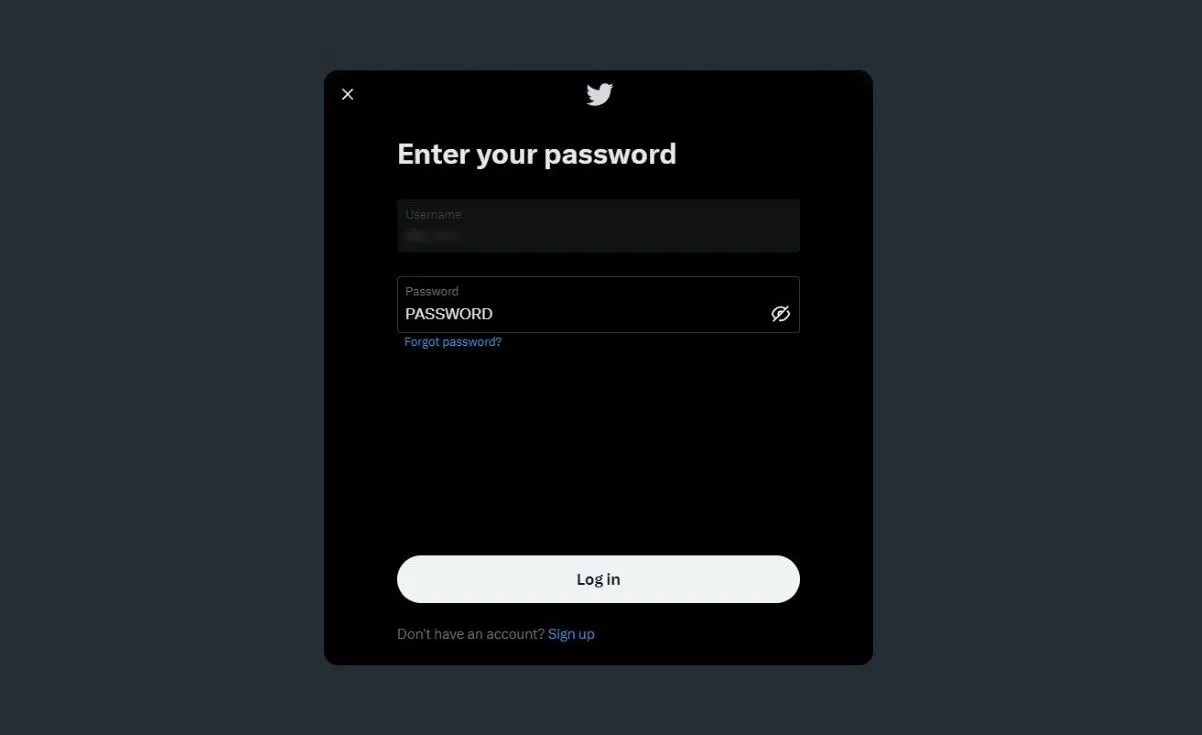 Ví dụ về mật khẩu yếu được hiển thị khi đăng nhập vào tài khoản Twitter, minh họa rủi ro bảo mật