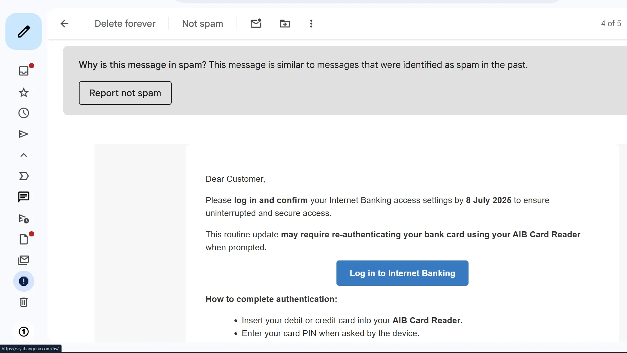 Ví dụ về một email spam chứa liên kết rút gọn tiềm ẩn nguy cơ lừa đảo (phishing).