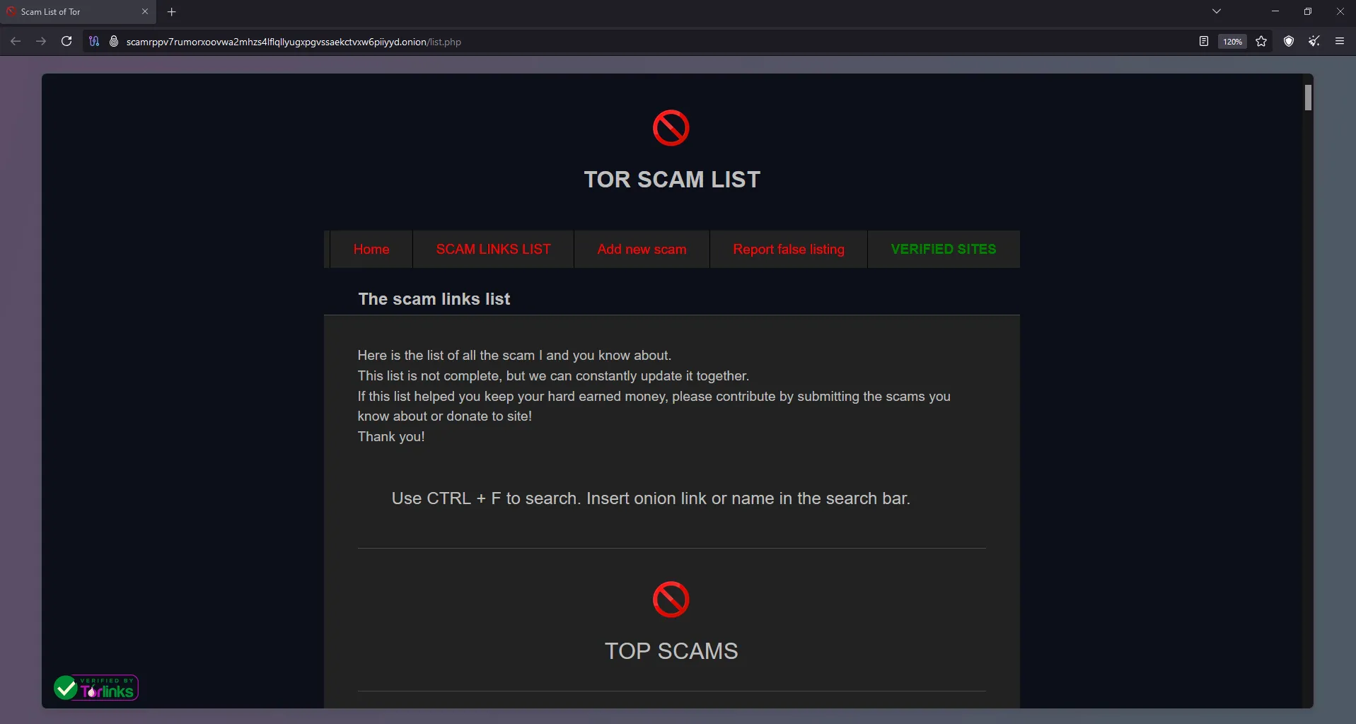 Ví dụ về một trang web trên Dark Web liệt kê các vụ lừa đảo phổ biến, minh họa một trong những 'cờ đỏ' cần tránh khi duyệt mạng ẩn danh.