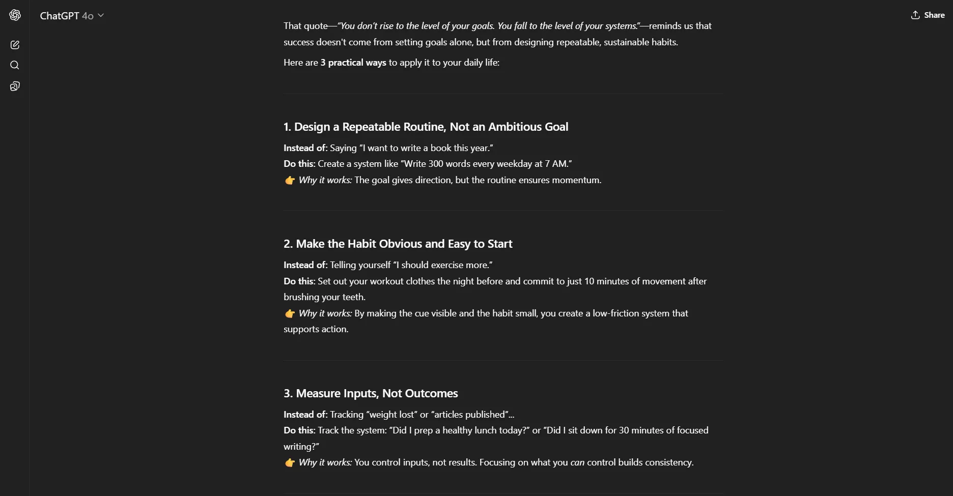 Ví dụ về prompt ChatGPT tạo hành động từ trích dẫn cốt lõi của sách Atomic Habits.