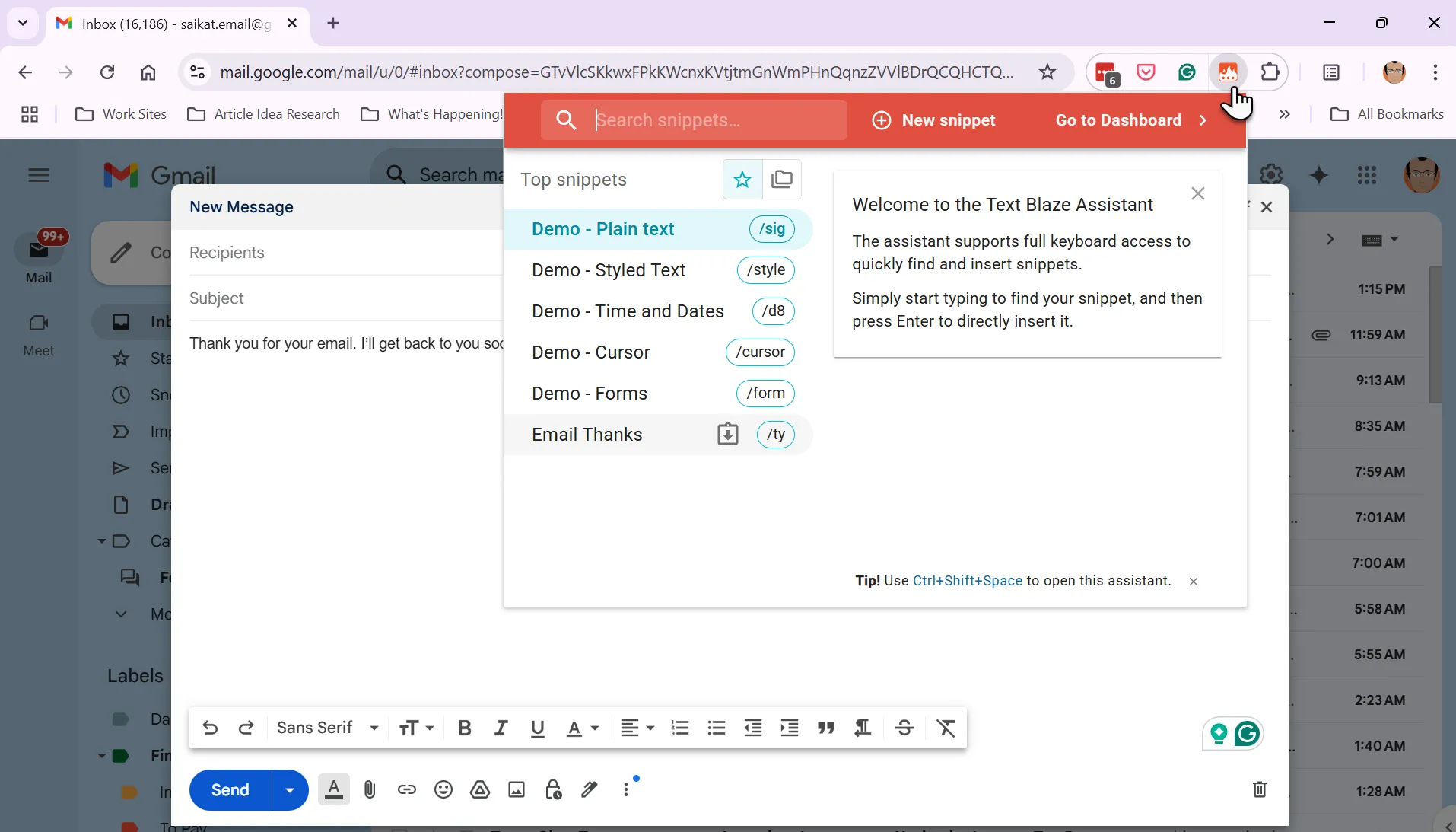 Ví dụ về Text Blaze tự động mở rộng snippet `/ty` thành tin nhắn email hoàn chỉnh