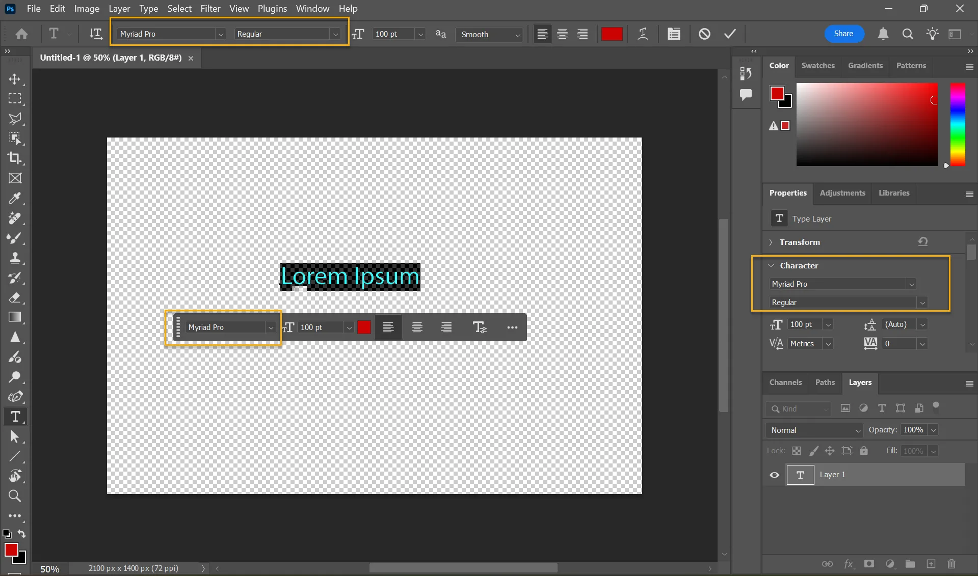 Vị trí thanh công cụ Font Browser trong giao diện Adobe Photoshop, bao gồm thanh Tùy chọn, thanh Tác vụ Ngữ cảnh và Bảng Thuộc tính.