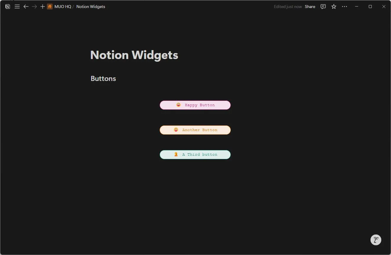Widget Buttons (Indify) hiển thị các nút bấm tùy chỉnh trong giao diện Notion