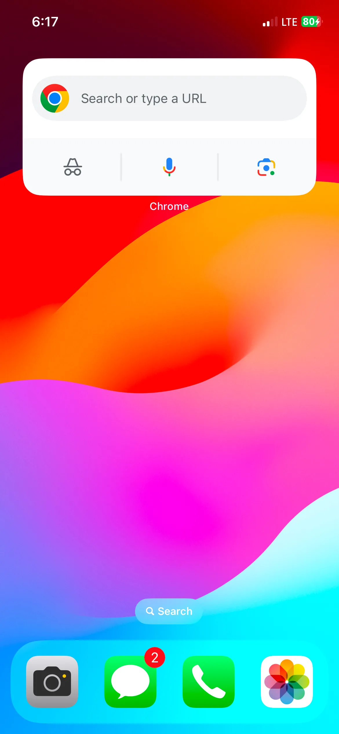 Widget Google Chrome với các phím tắt tìm kiếm nhanh và chế độ ẩn danh trên iPhone.