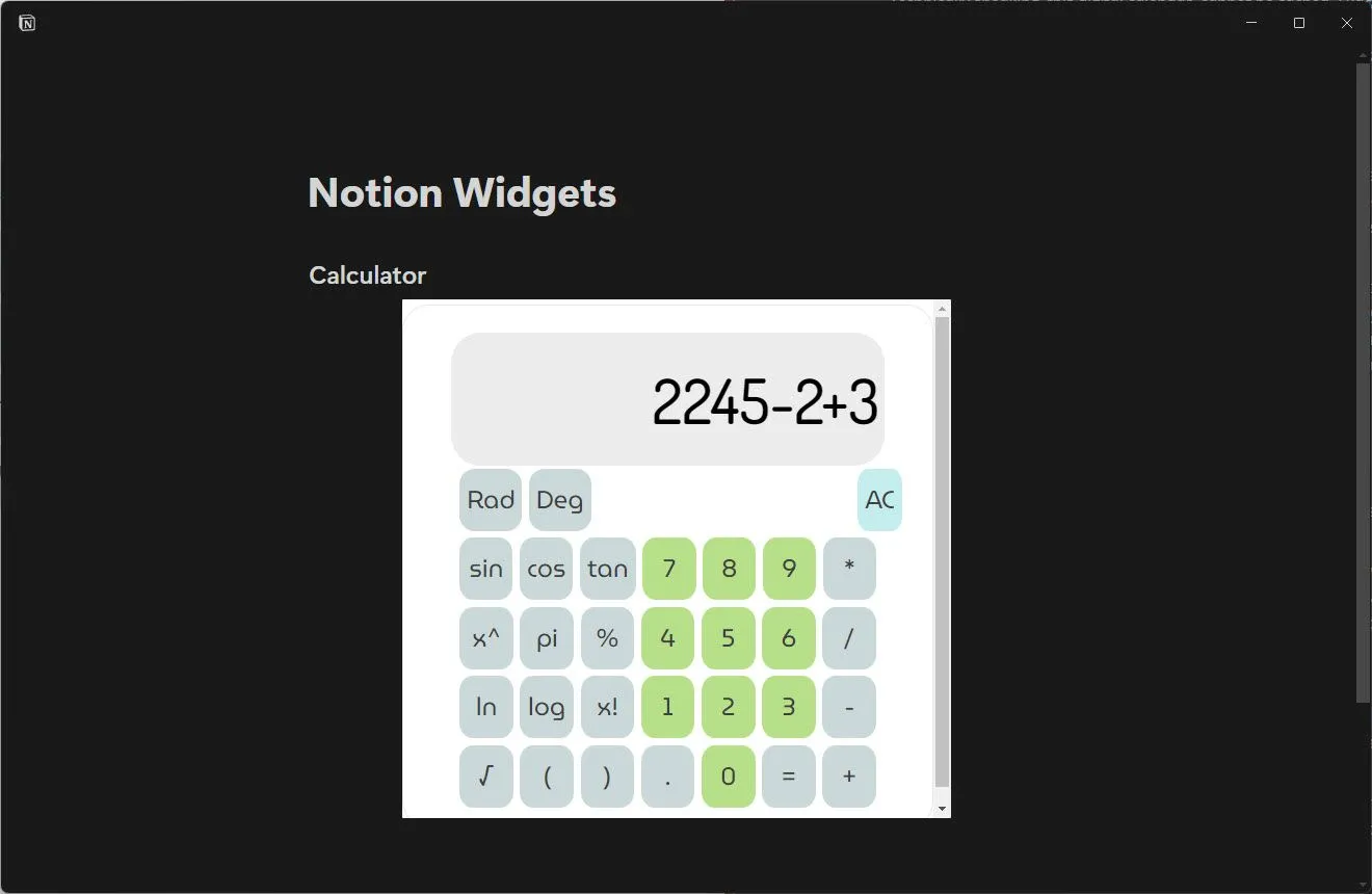 Widget máy tính Calculator được nhúng và sử dụng trong Notion