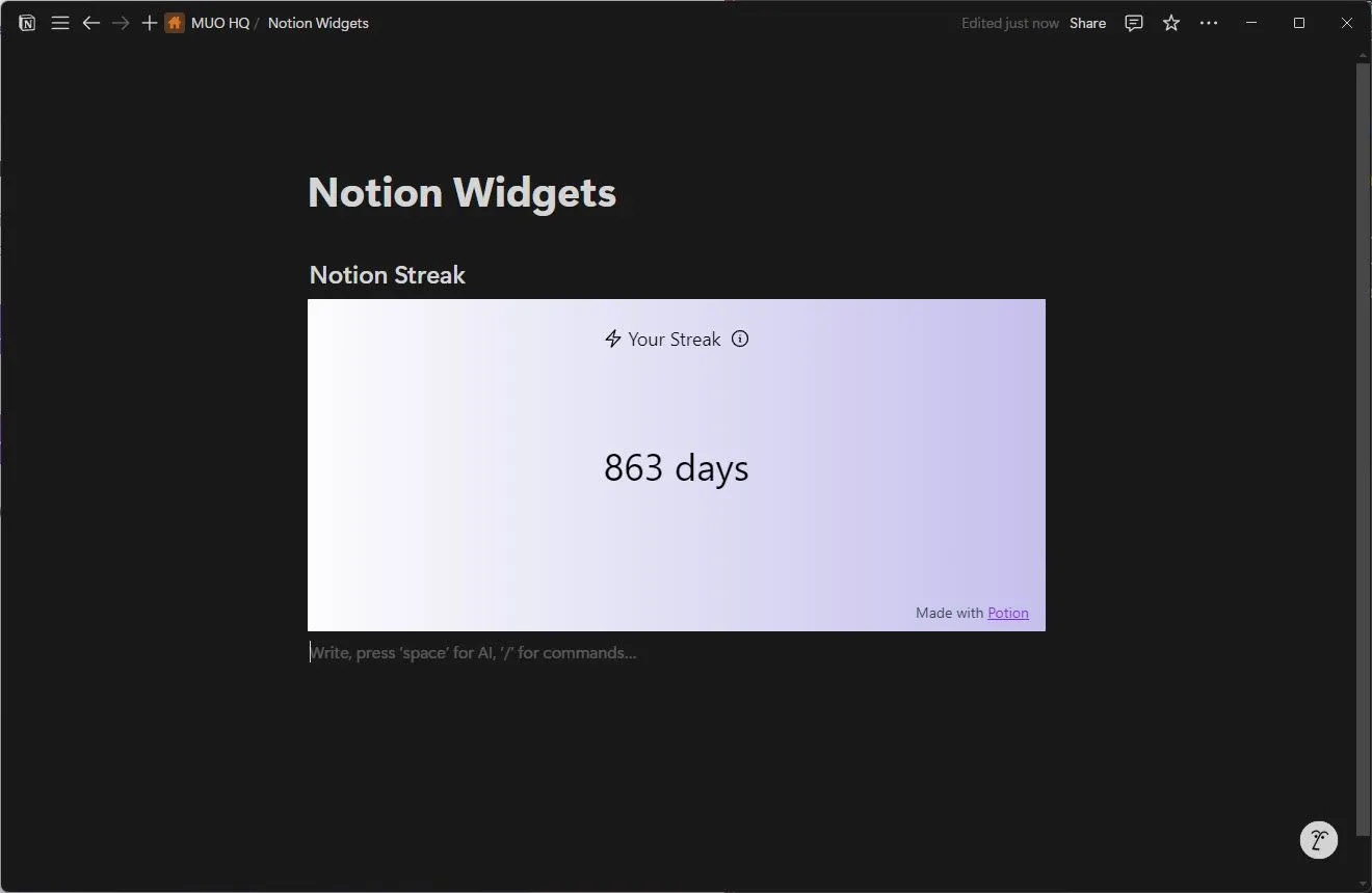 Widget Notion Streak hiển thị chuỗi ngày hoạt động liên tục trong Notion