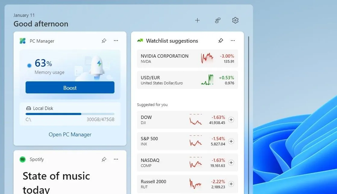 Widget PC Manager trên Windows 11 hiển thị mức sử dụng RAM và tùy chọn tăng tốc hệ thống