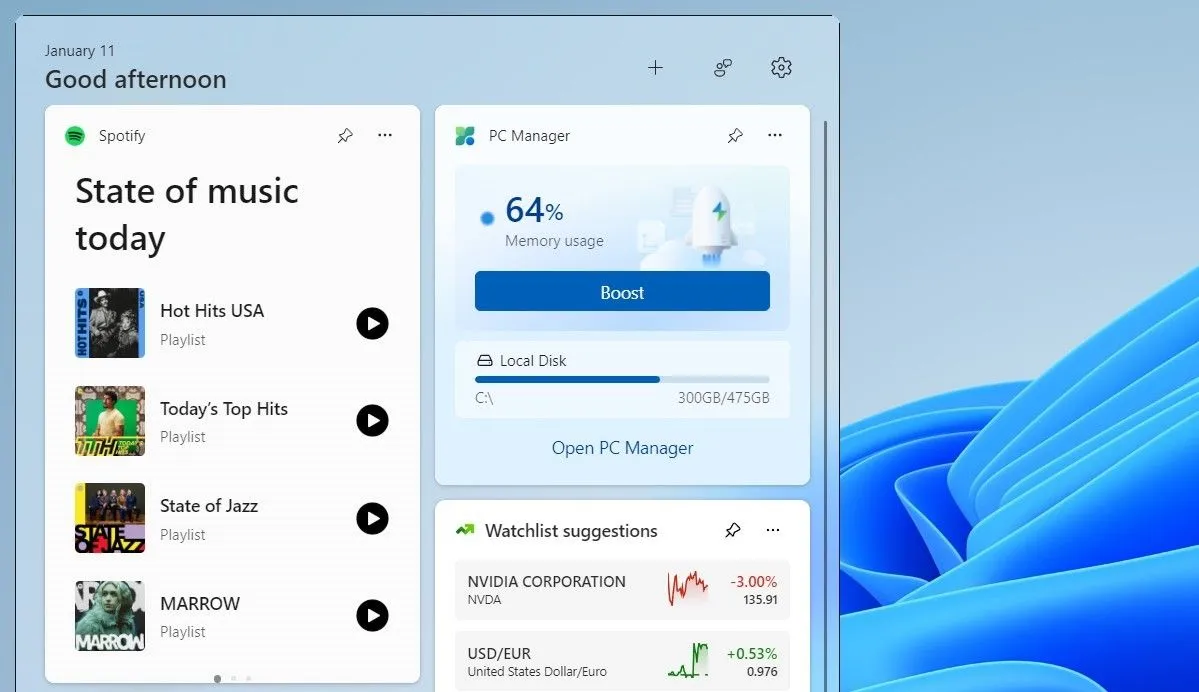 Widget Spotify trên Windows 11 cho phép điều khiển nhạc và chuyển đổi playlist nhanh chóng