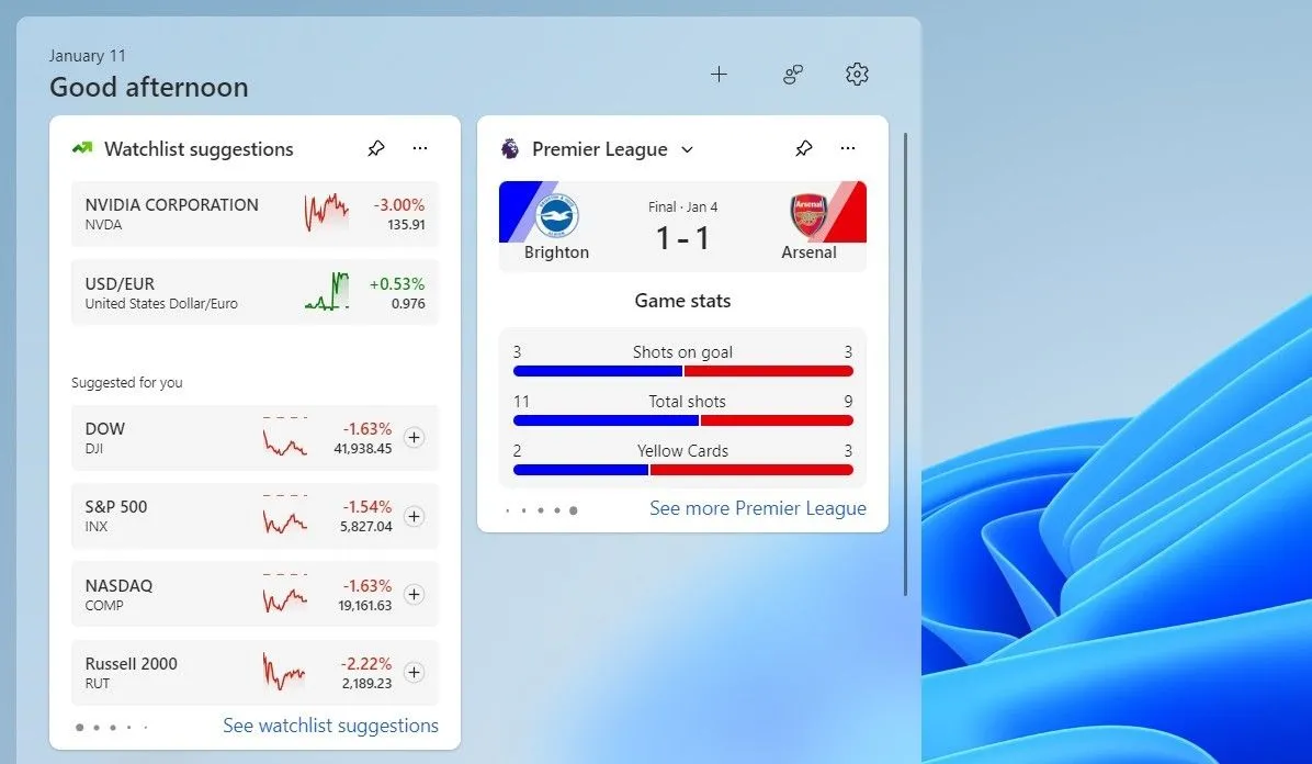 Widget Thể thao trên Windows 11 cập nhật tỷ số trận đấu bóng đá trực tiếp