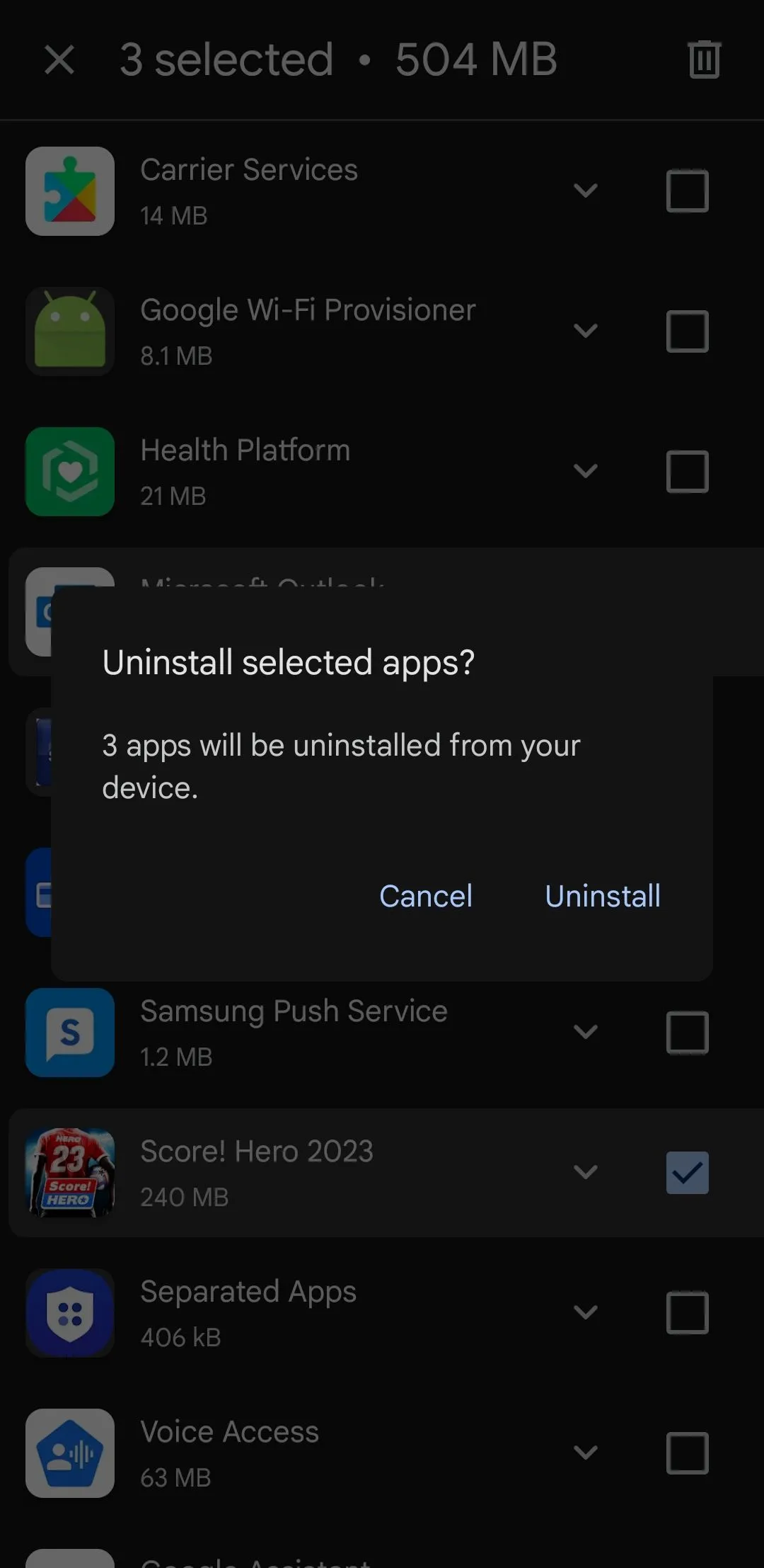 Xác nhận gỡ cài đặt ứng dụng đã chọn trong Google Play Store