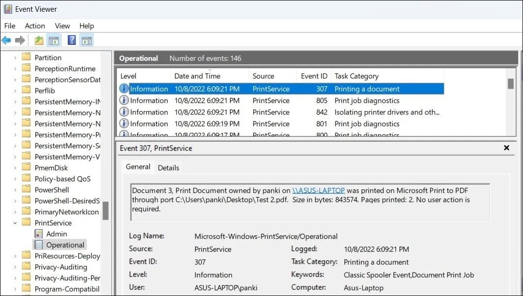 Xem chi tiết nhật ký lịch sử in tài liệu trong Windows 11 bằng Event Viewer