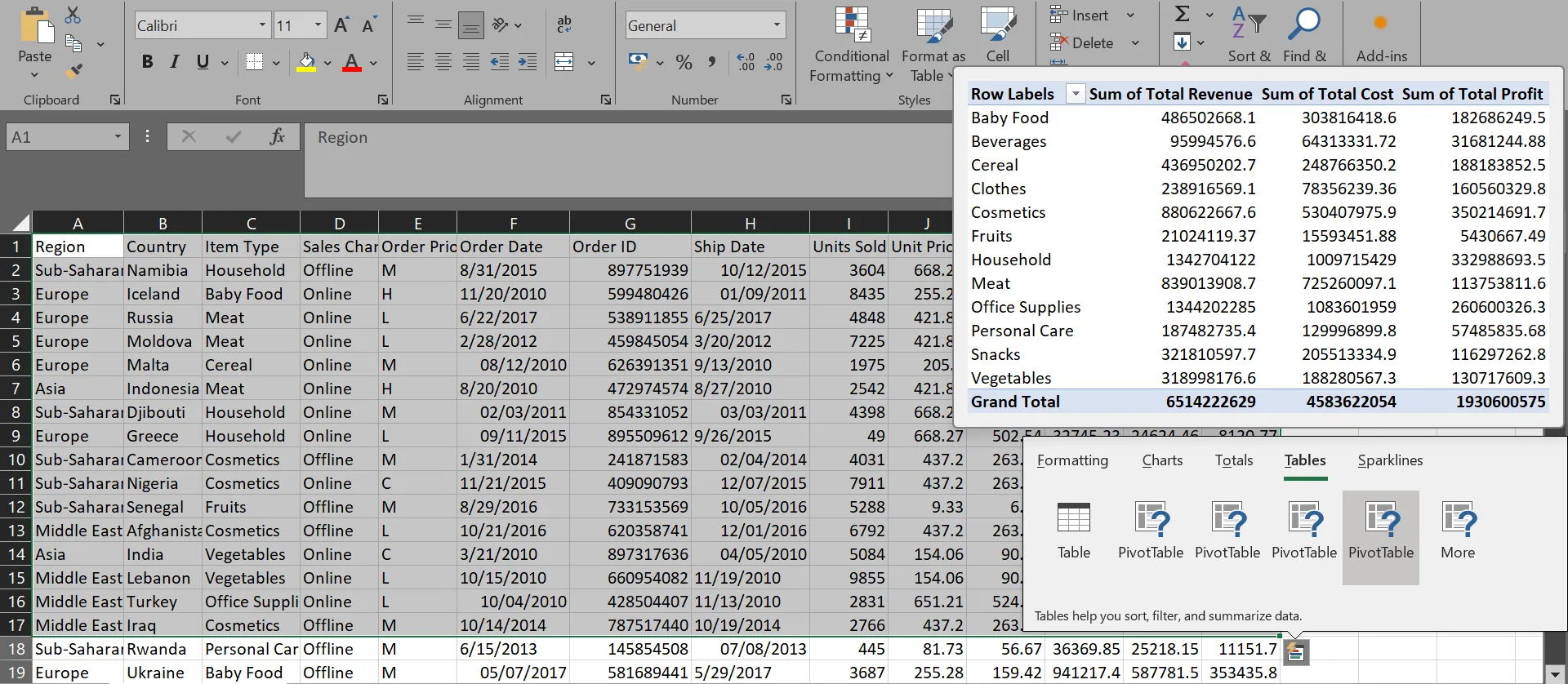 Xem trước Bảng Pivot được tính năng Quick Analysis trong Excel gợi ý
