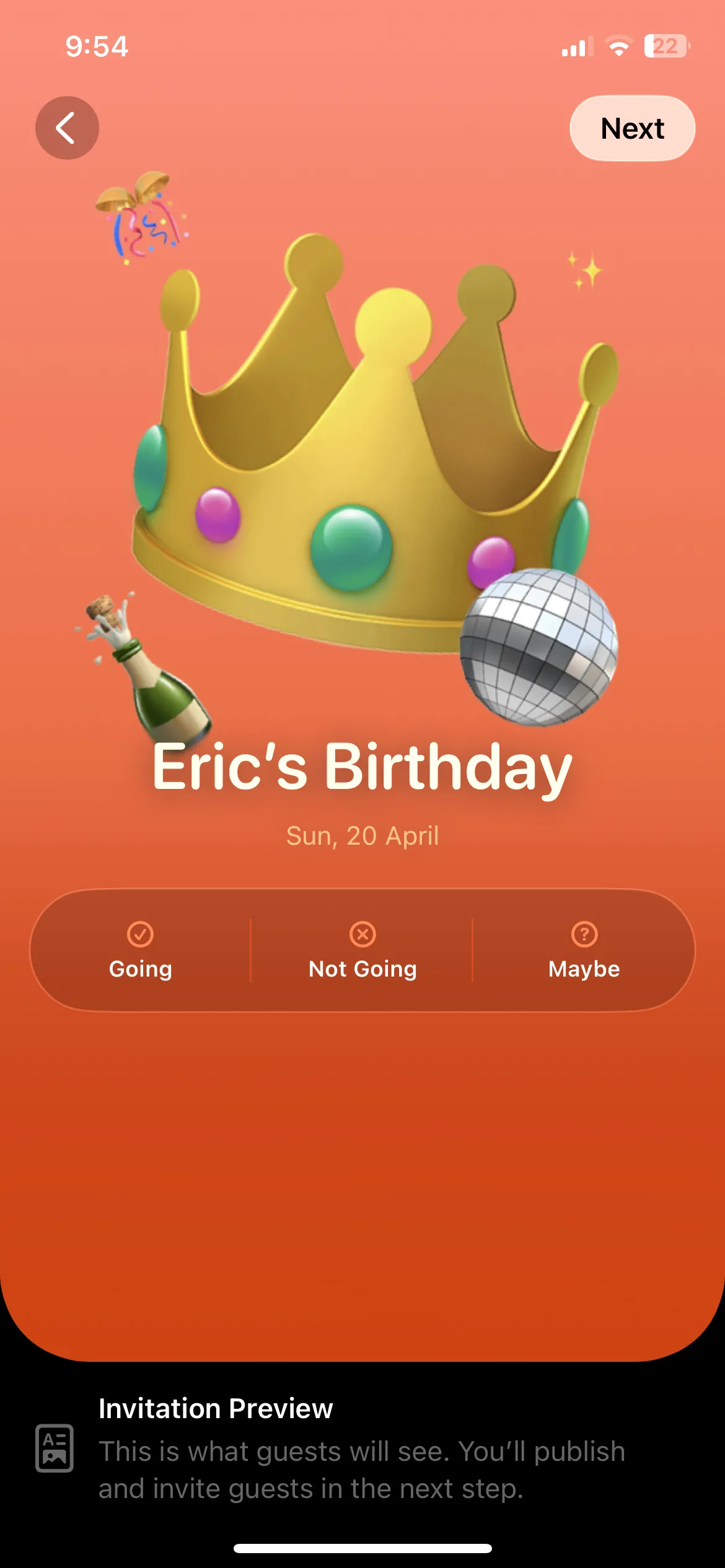 Xem trước một mẫu thiệp mời sự kiện trong ứng dụng Apple Invites trên iPhone, hiển thị thông tin thời gian, địa điểm.