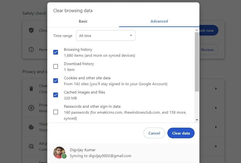 Xóa dữ liệu duyệt web trong Google Chrome để loại bỏ dấu vết mua sắm.