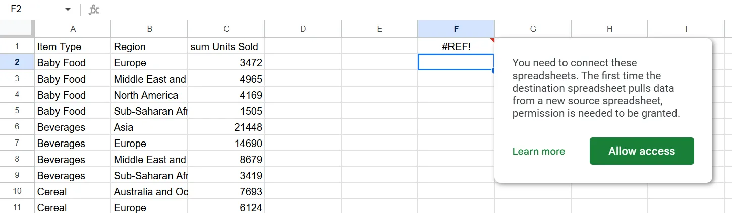 Yêu cầu cấp quyền truy cập vào một bảng tính bên ngoài để thực hiện truy vấn QUERY trong Google Sheets.