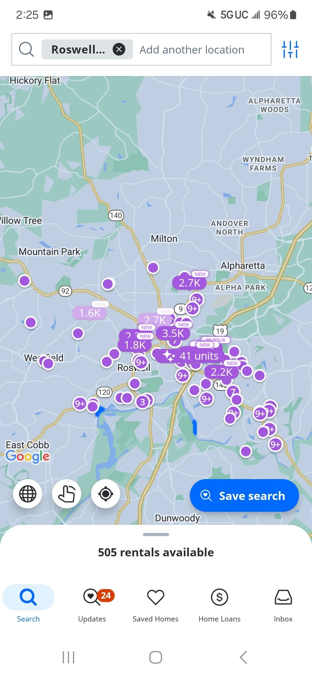 Zillow map view hiển thị các căn hộ cho thuê và giá trên bản đồ
